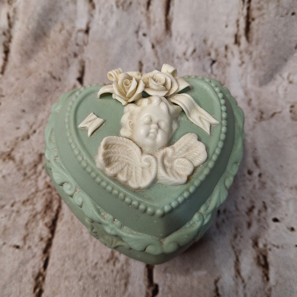 Vintage Sage Green Heart Cherub Trinket Box Angel Rose Jewelry Keepsake Dish